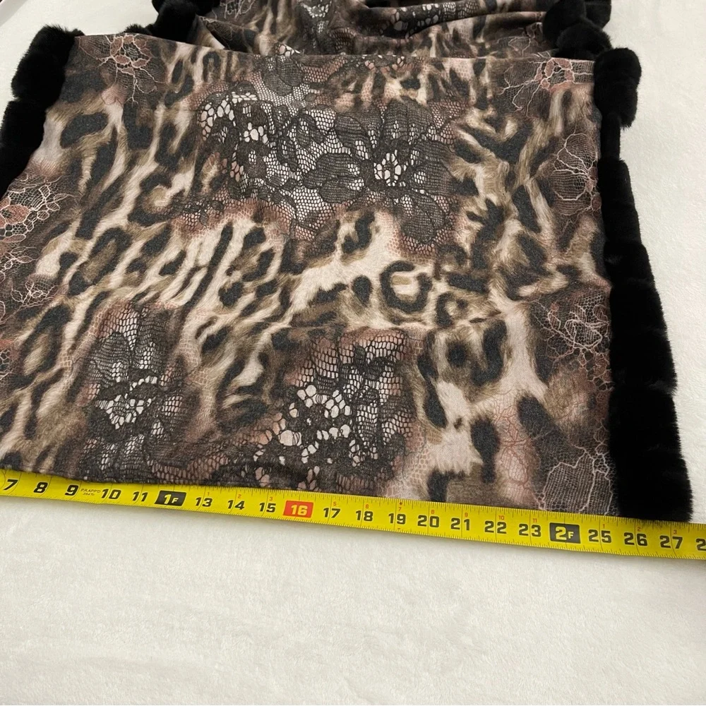 CHICOS NOSZ FUR TRIMMED LEO LACE WRAP. 27”X 70”